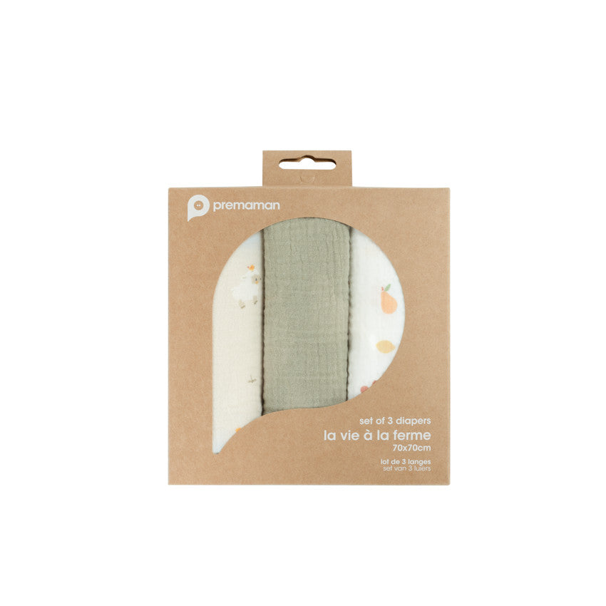 Set of 3 muslin swaddles 70 x 70 cm La Vie à la Ferme - Prémaman