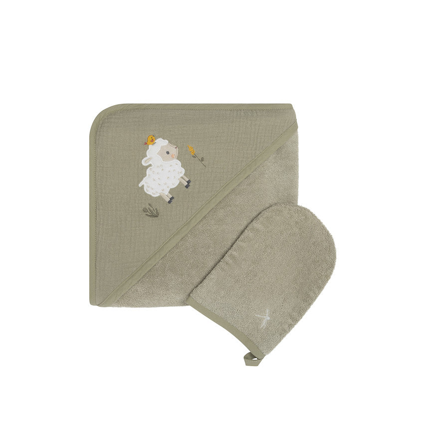 Bath set with hooded towel and washcloth Farm Life green - Prémaman