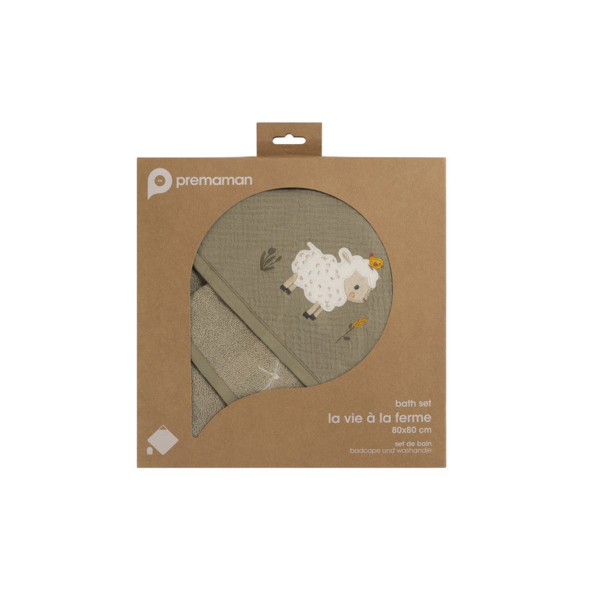 Bath set with hooded towel and washcloth Farm Life green - Prémaman