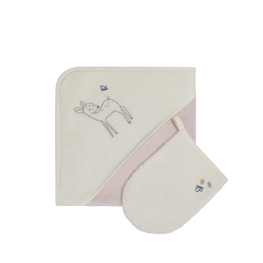 Little Deer ecru/pink bath set with hooded towel and wash mitt - Prémaman