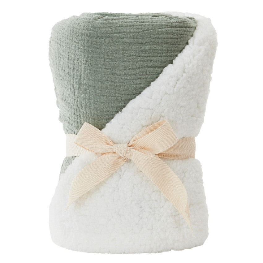 Sherpa-lined tetra blanket 80 x 80 cm green - Prémaman