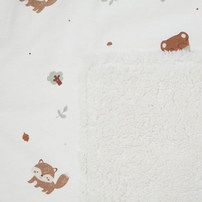 Two-material blanket 80 x 110 cm forest animal print ecru - Prémaman