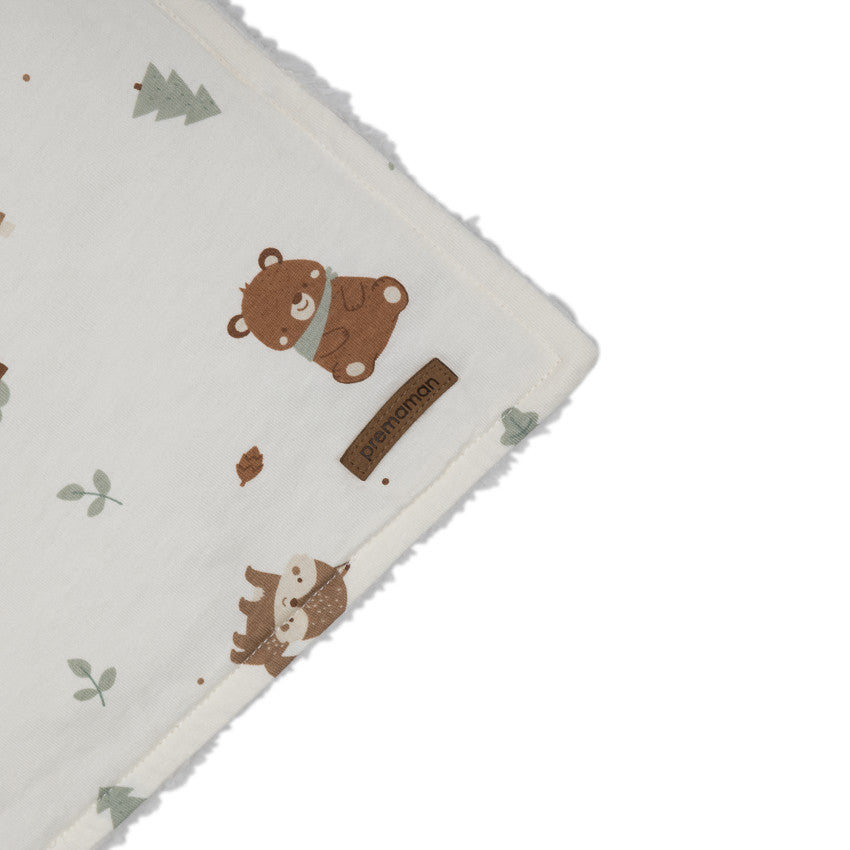 Two-material blanket 80 x 110 cm forest animal print ecru - Prémaman