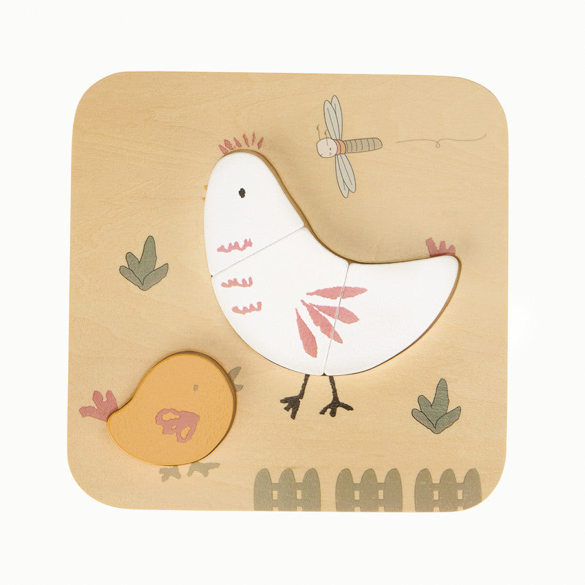 Puzzle en bois 4 pièces Poule et son poussin - Prémaman