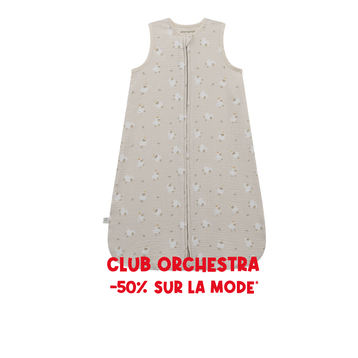 Printed cotton-gauze sleeping bag (0.5 TOG) with La Vie à la Ferme sheep print - Prémaman